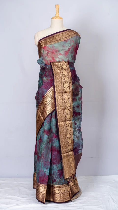 Ash Grey Pure Organza Silk With Multi Colour Digital Floral Print 