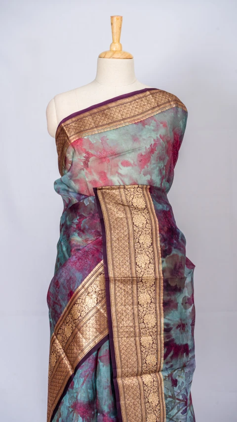 Ash Grey Pure Organza Silk With Multi Colour Digital Floral Print 