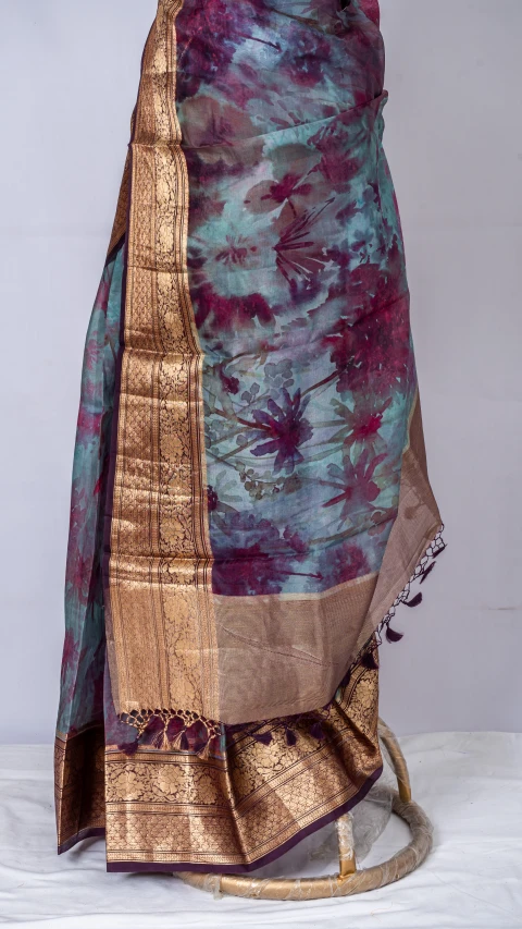 Ash Grey Pure Organza Silk With Multi Colour Digital Floral Print 