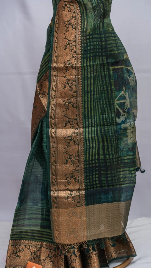 Pure Organza Silk Digital Print And Antique Zari Border