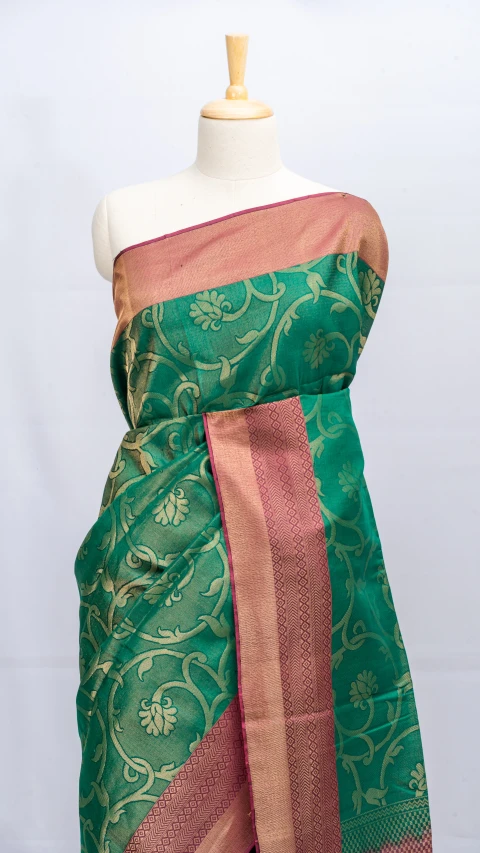 Bottle Green Pure Soft Silk Brocade Design With Contrast Border