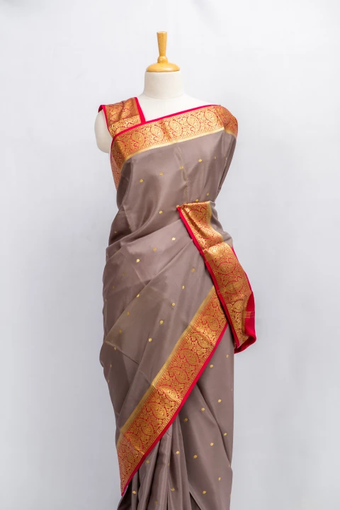 Brown Pure Mysore Crepe Silk With Traditional Butta Design And Contrast Border 