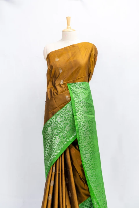 Gold Orange Pure Soft Silk With Traditional Butta And Contrast Green 