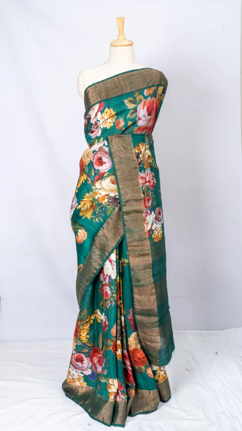 Green Tussar Silk With Multi Colour Floral Digital Print 