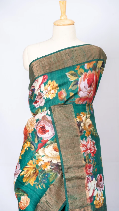 Green Tussar Silk With Multi Colour Floral Digital Print 