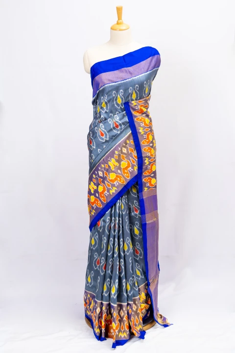 Grey Pure Soft Silk With Pochampally ikkat Print And Contrast Blouse