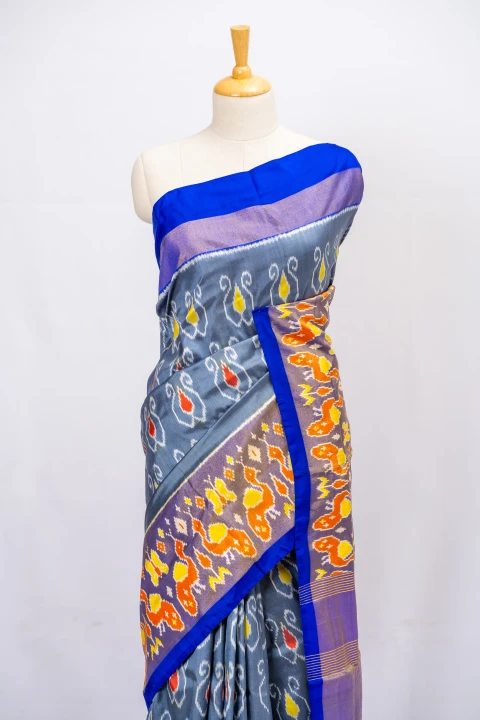 Grey Pure Soft Silk With Pochampally ikkat Print And Contrast Blouse