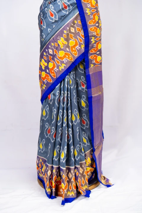 Grey Pure Soft Silk With Pochampally ikkat Print And Contrast Blouse