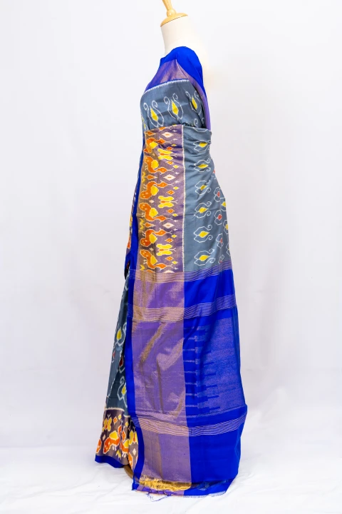 Grey Pure Soft Silk With Pochampally ikkat Print And Contrast Blouse