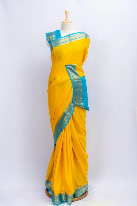 Mango Yellow Pure Mysore Silk With Contrast Border And Blouse