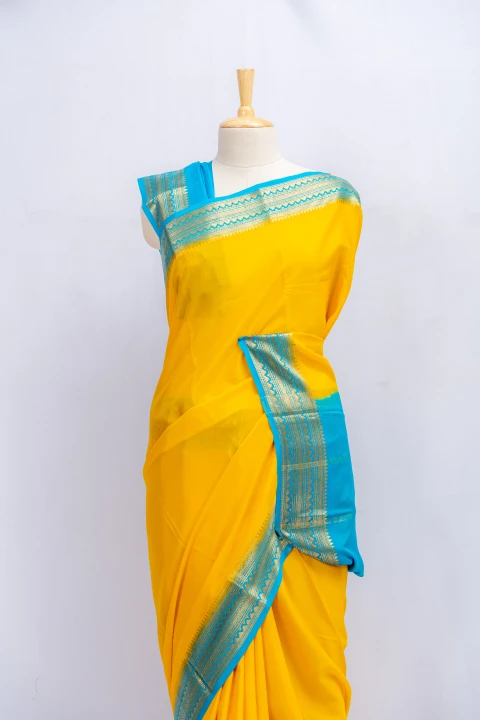 Mango Yellow Pure Mysore Silk With Contrast Border And Blouse