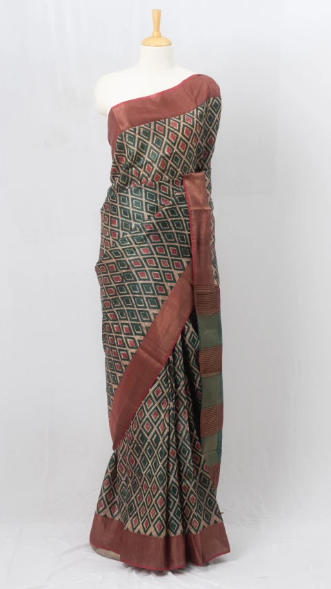 Multicolour Geometrical Design Tussar Silk Saree With Flat Brown Border