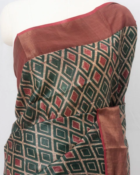 Multicolour Geometrical Design Tussar Silk Saree With Flat Brown Border