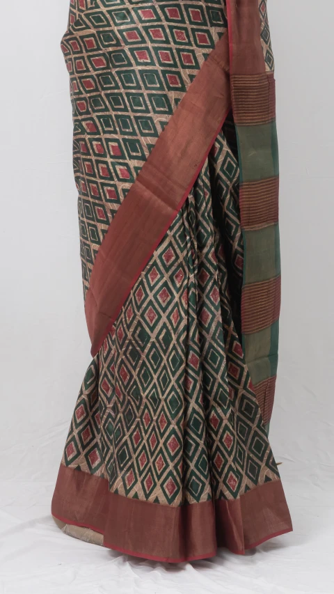 Multicolour Geometrical Design Tussar Silk Saree With Flat Brown Border