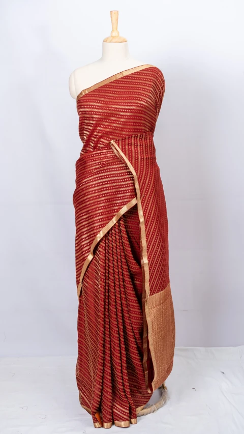 Mysore Crepe Silk Maroon Brocade Stripe Design  Saree
