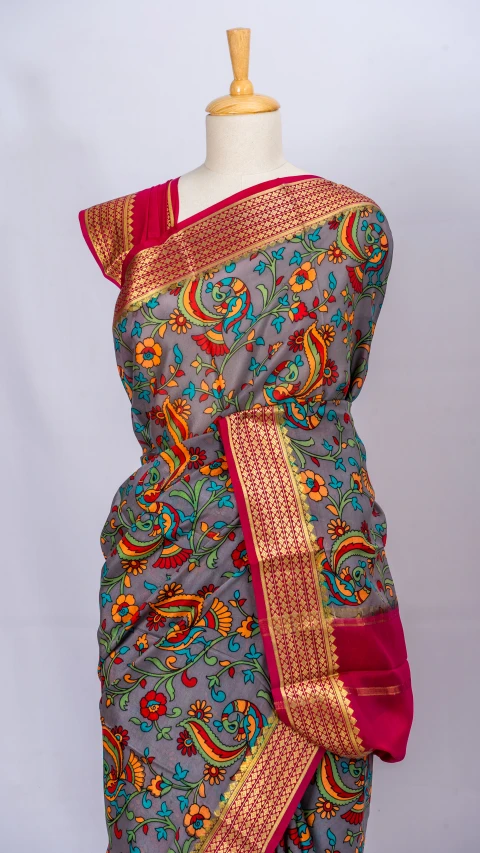 Mysore Crepe silk Grey kalamkari Print