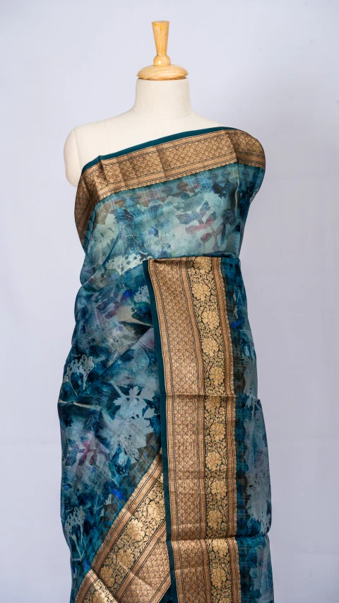 Nile Blue Pure Organza Silk With Multi Colour Digital Floral Print 