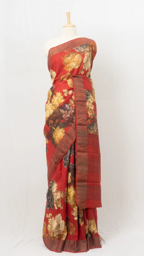 Optimistic Red Coloured Tussar Saree With Multicolour Floral Patterns