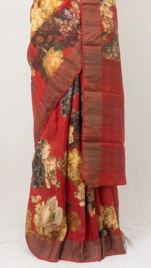 Optimistic Red Coloured Tussar Saree With Multicolour Floral Patterns