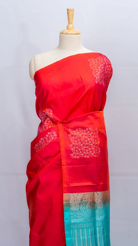 Orangey Red Pure Soft Silk With Contrast Pallu And Blouse