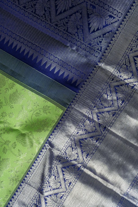 Parrot Green Pure Kanchivaram Silk With Silver Zari Brocade 