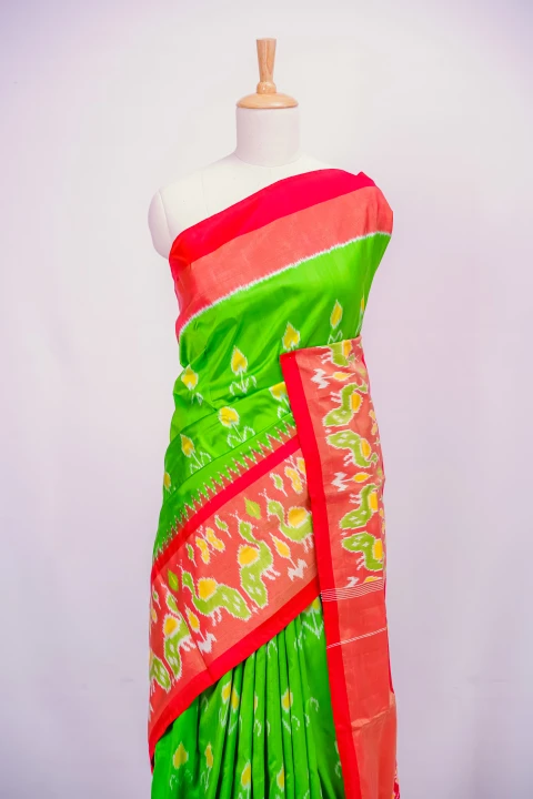 Parrot Green Pure Soft Silk With Pochampally Print And Contrast Blouse