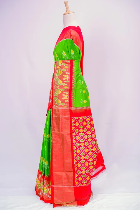 Parrot Green Pure Soft Silk With Pochampally Print And Contrast Blouse