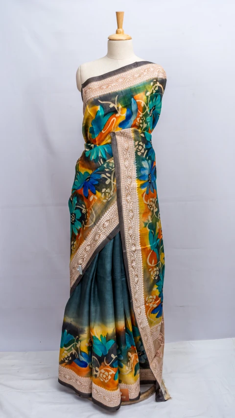 Peacock Blue Tussar Silk With Floral Multi Colour Digital Print 