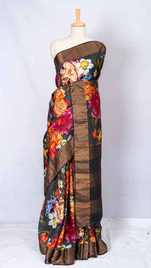 Pure grey Tussar silk with floral multicolor digital print 
