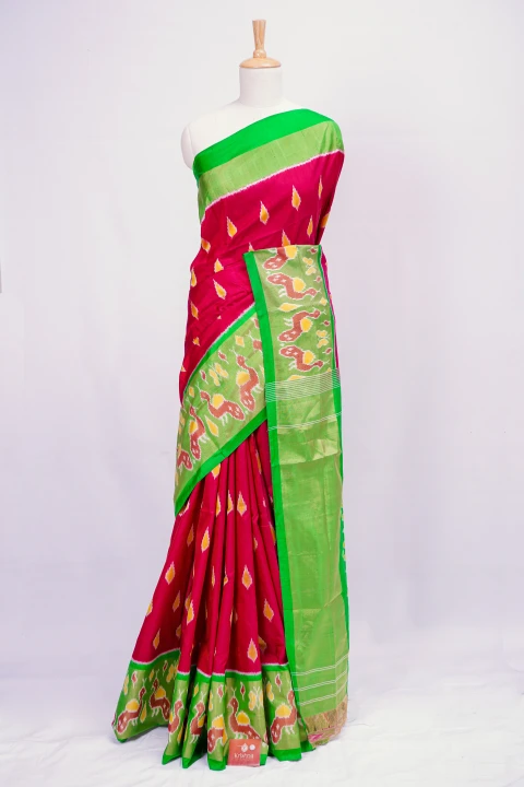 Red Multi Colour Pochampally Print With Contrast Green Pallu Border And Blouse