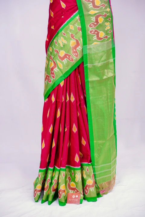 Red Multi Colour Pochampally Print With Contrast Green Pallu Border And Blouse