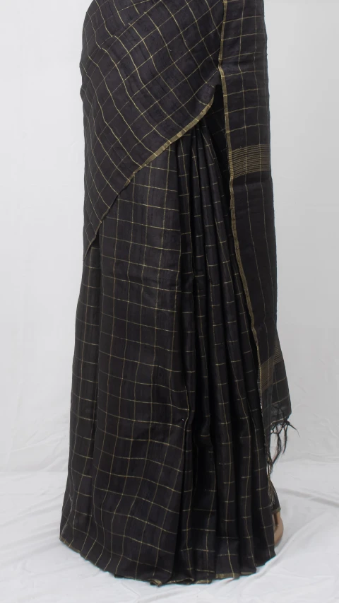 Simple Black Colour Tussar Silk Saree With Checked Zari 