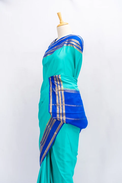 Sky Blue Pure Mysore Crepe Silk With Contrast Pallu Border And Blouse