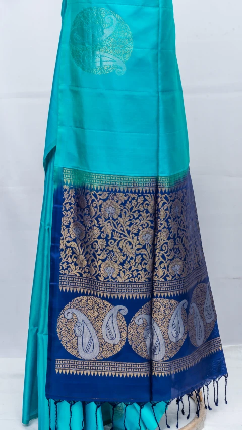 Sky Blue Pure Soft Silk With Zari Butta Contrast Pallu And Blouse