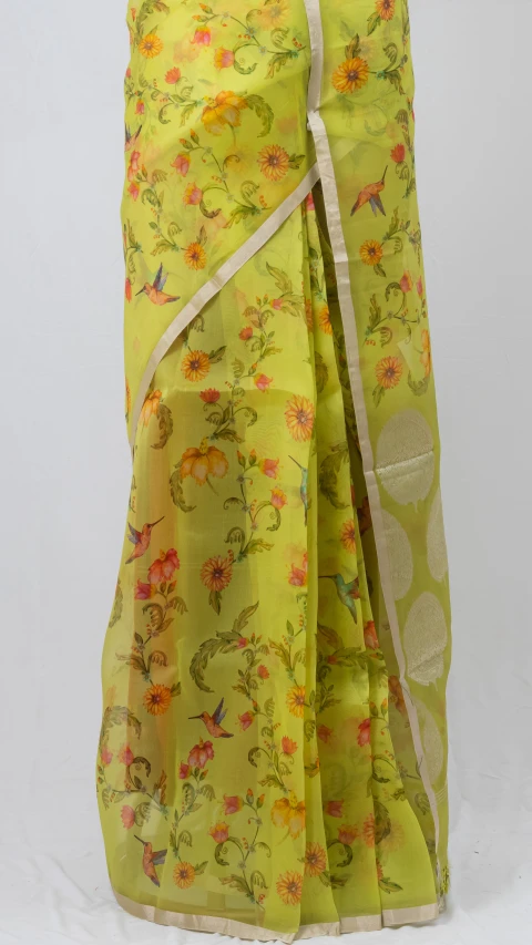 Warm Yellow Organsa Silk Saree With Perfect Floral Pattern