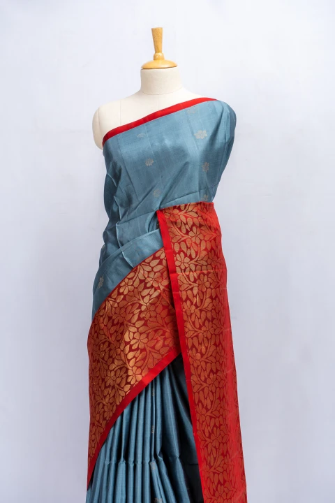  Pastle Blue Pure Soft Silk With Traditional Butta And Contrast Blouse