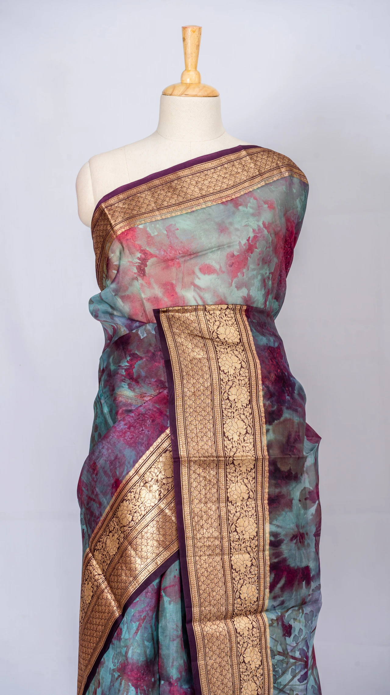 Ash Grey Pure Organza Silk With Multi Colour Digital Floral Print 