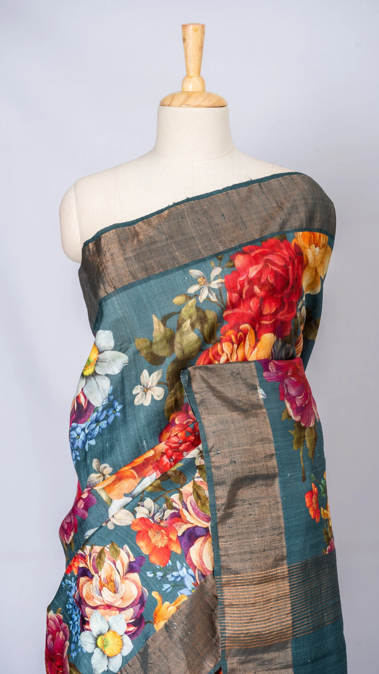 Blue Tussar Silk  with floral multi colour digital print 