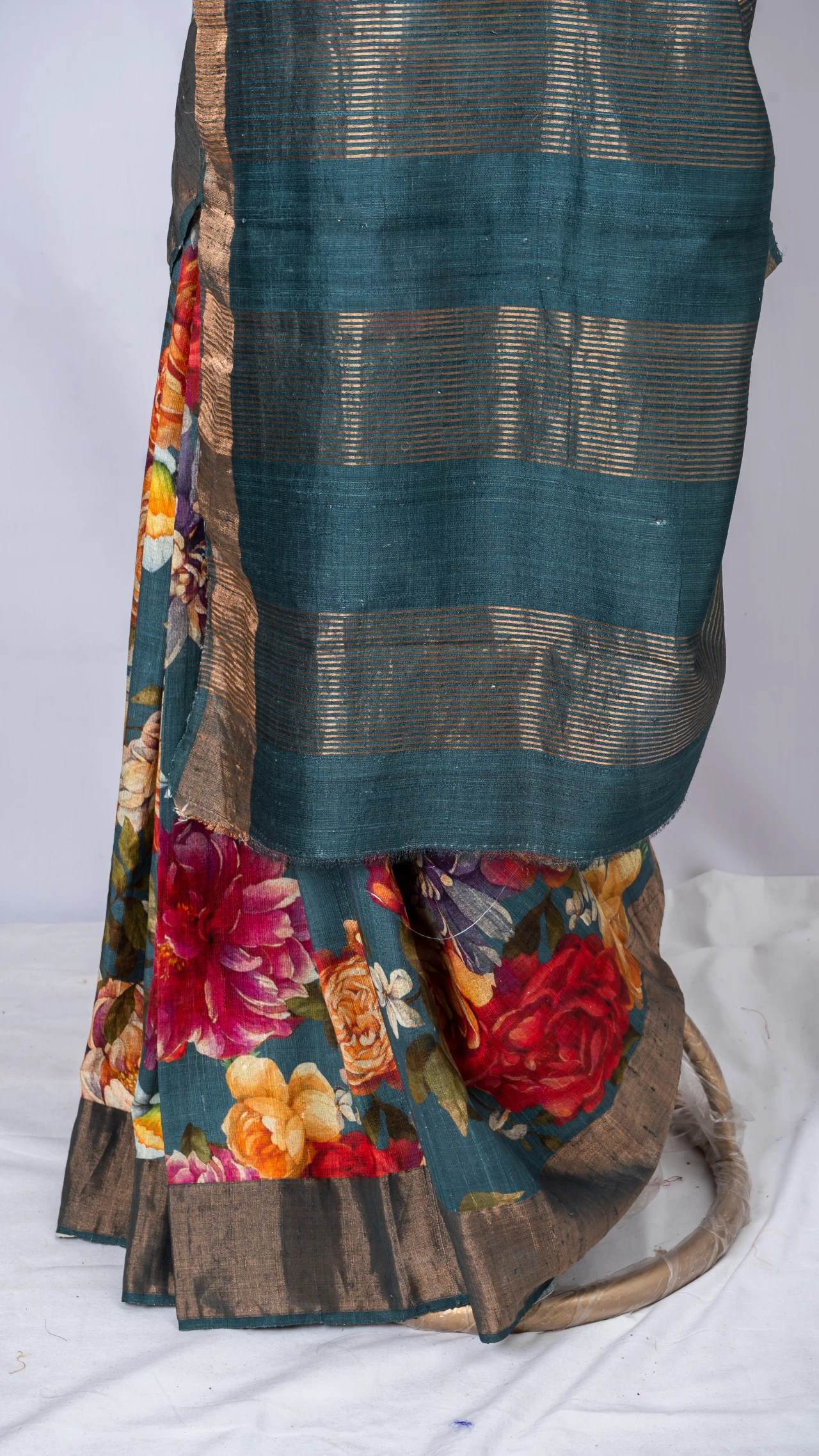 Blue Tussar Silk  with floral multi colour digital print 