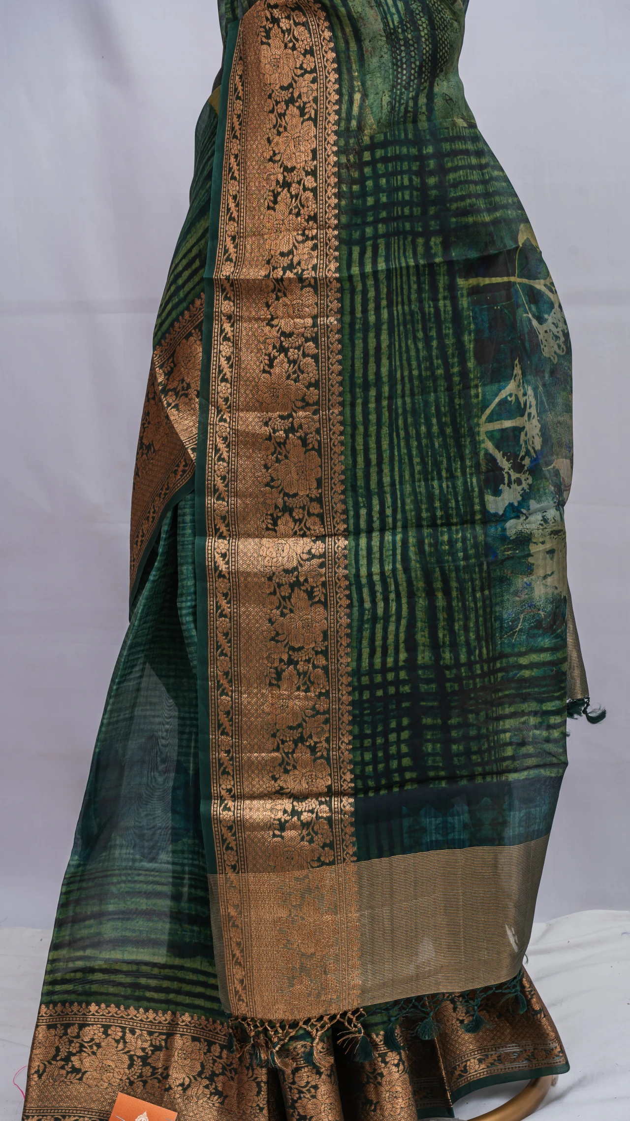 Pure Organza Silk Digital Print And Antique Zari Border