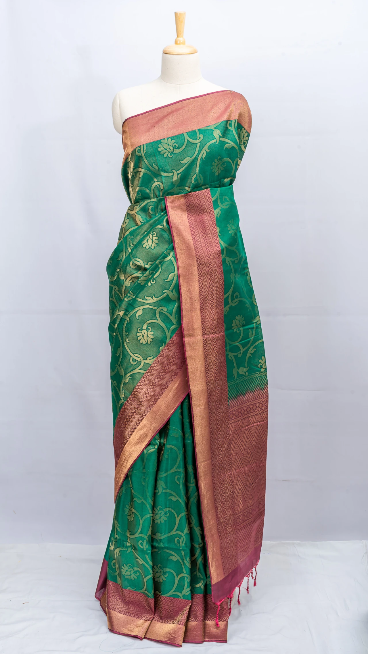 Bottle Green Pure Soft Silk Brocade Design With Contrast Border