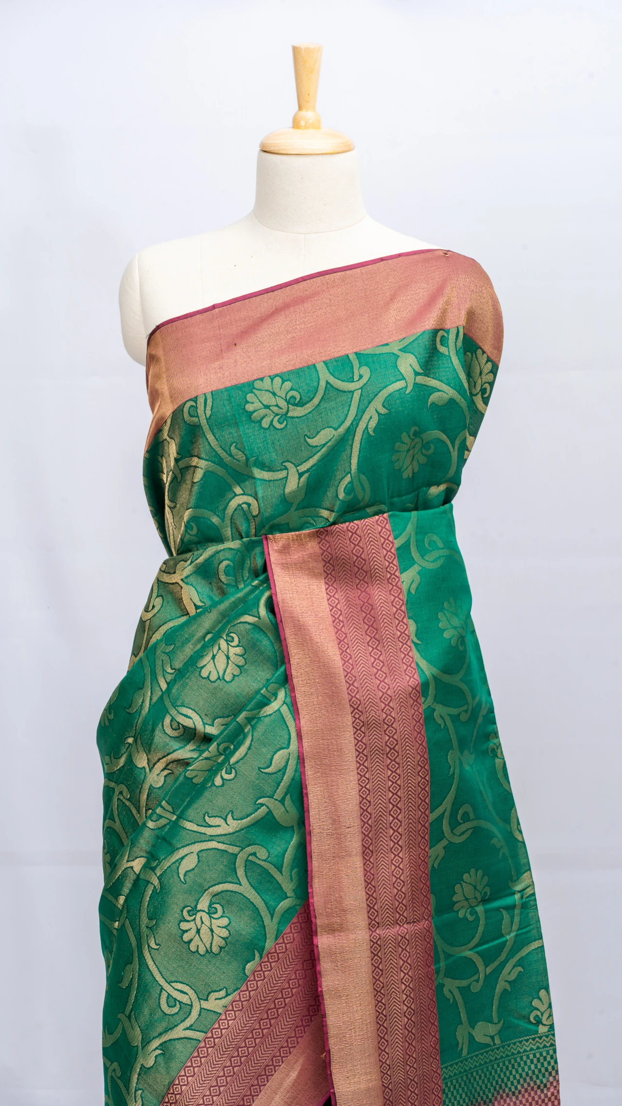 Bottle Green Pure Soft Silk Brocade Design With Contrast Border
