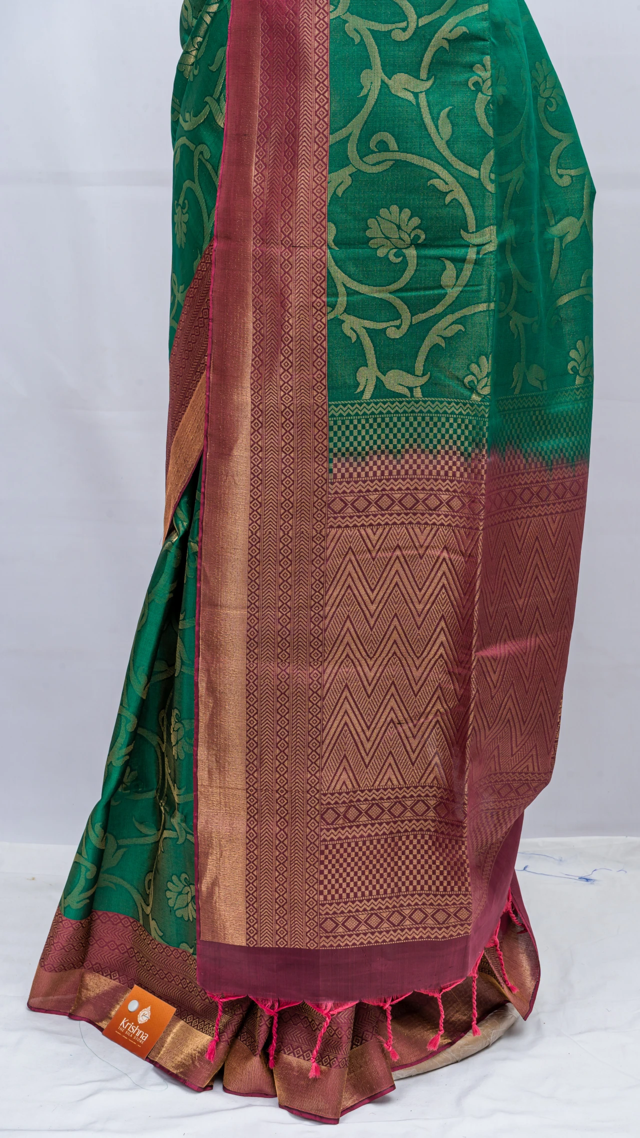 Bottle Green Pure Soft Silk Brocade Design With Contrast Border