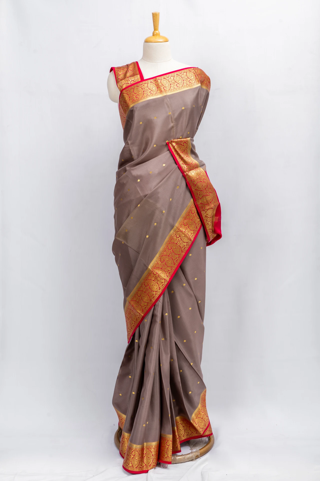 Brown Pure Mysore Crepe Silk With Traditional Butta Design And Contrast Border 