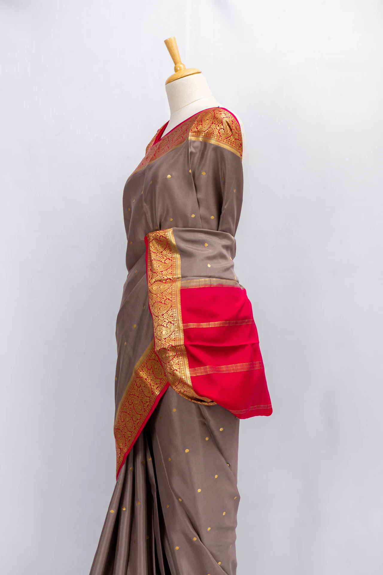 Brown Pure Mysore Crepe Silk With Traditional Butta Design And Contrast Border 