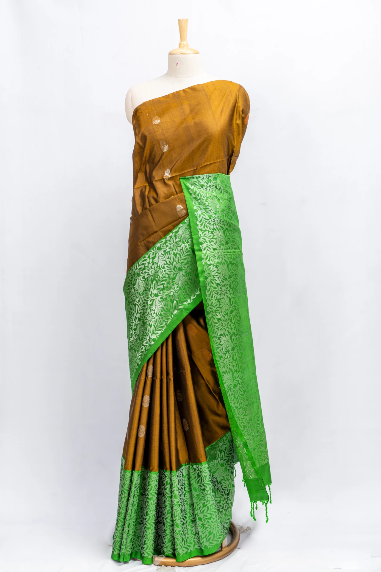 Gold Orange Pure Soft Silk With Traditional Butta And Contrast Green 