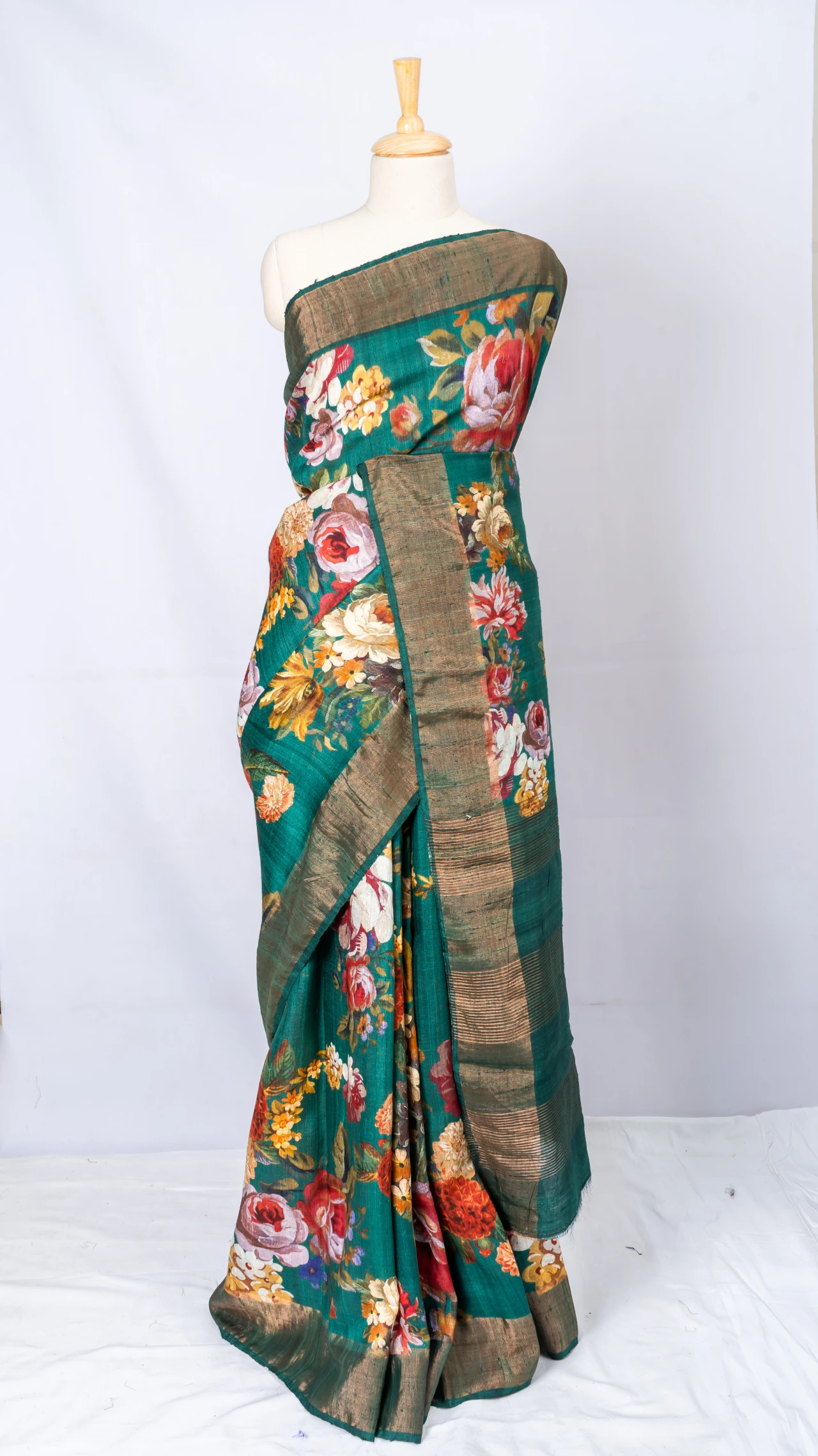 Green Tussar Silk With Multi Colour Floral Digital Print 