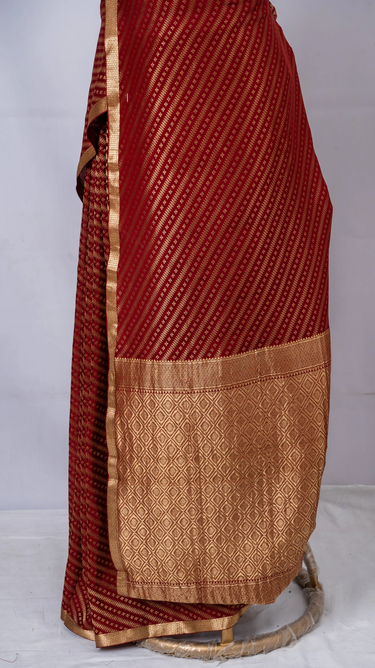 Mysore Crepe Silk Maroon Brocade Stripe Design  Saree
