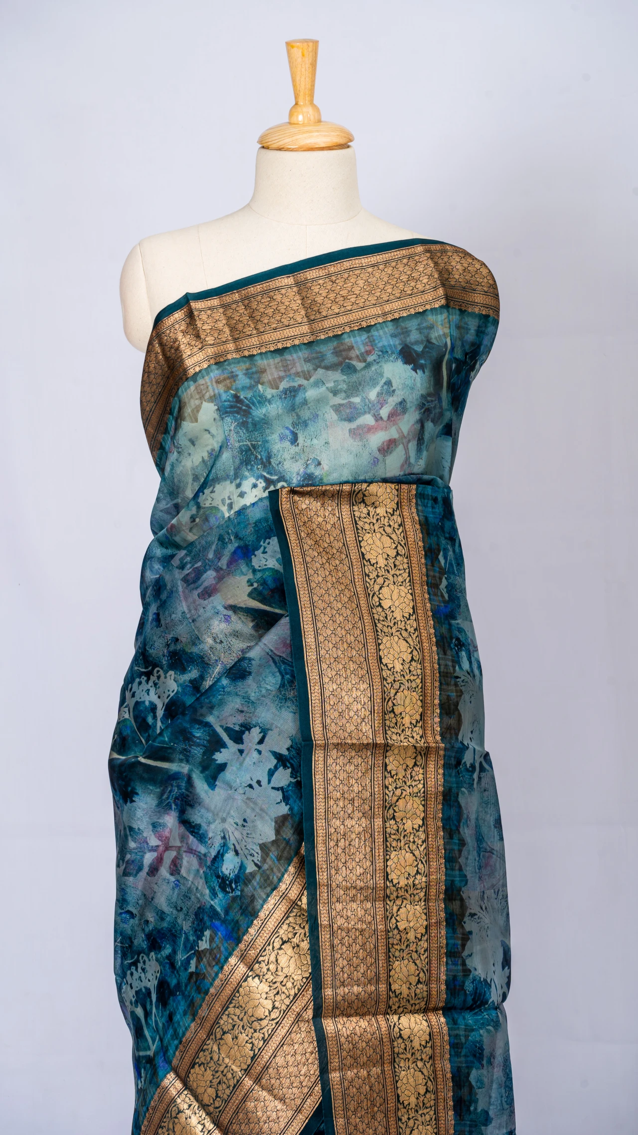 Nile Blue Pure Organza Silk With Multi Colour Digital Floral Print 