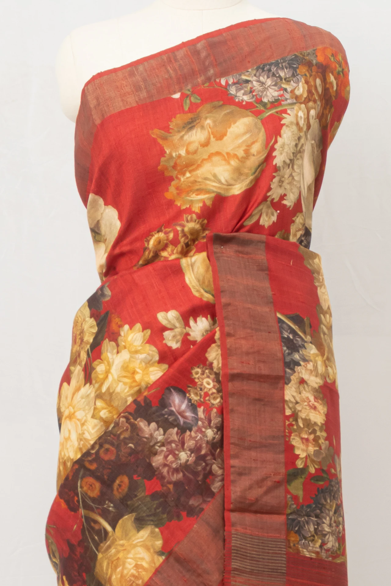 Optimistic Red Coloured Tussar Saree With Multicolour Floral Patterns
